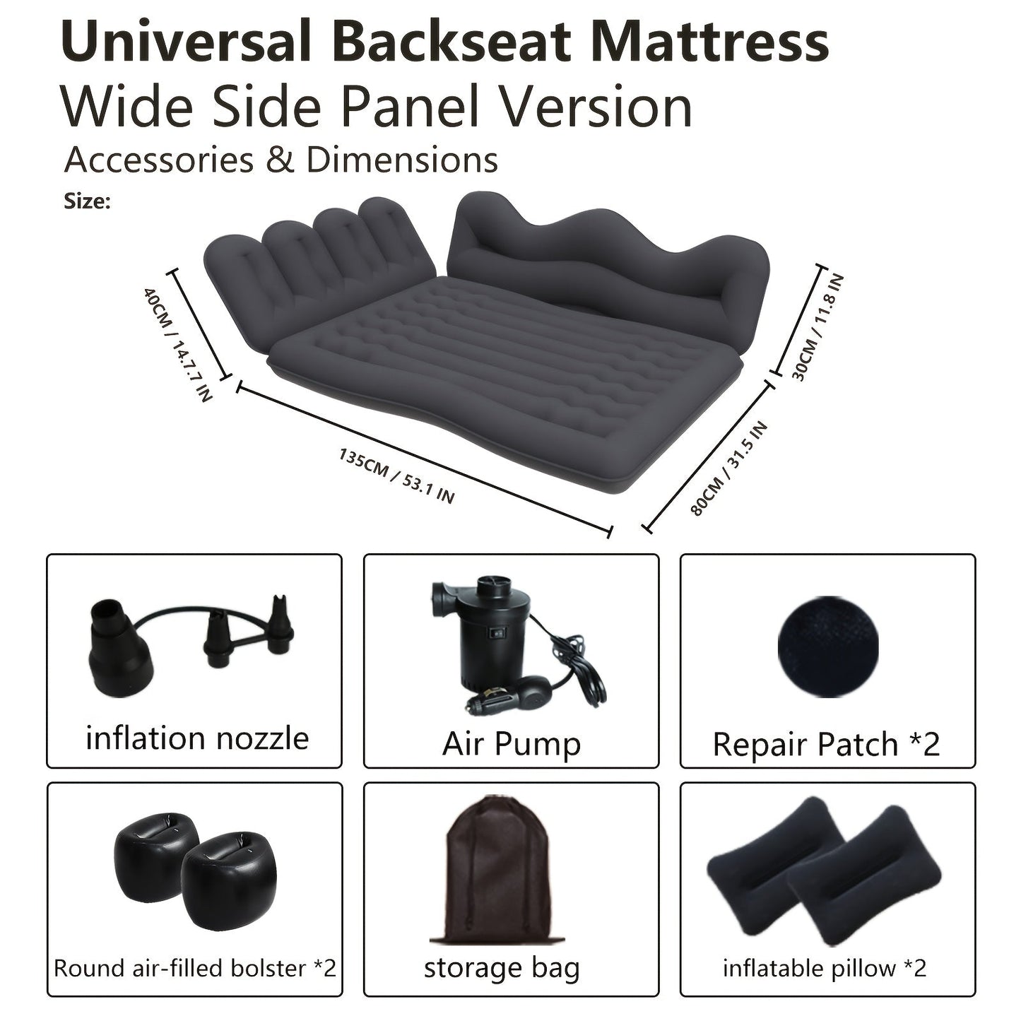 Inflatable Car Backseat Mattress | SUV Air Bed with Pump, Pillows & Storage Bag | Gray or Black