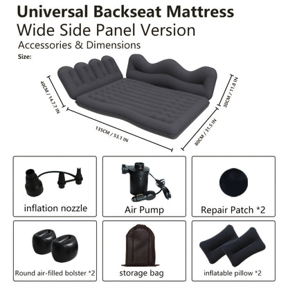 Inflatable Car Backseat Mattress | SUV Air Bed with Pump, Pillows & Storage Bag | Gray or Black