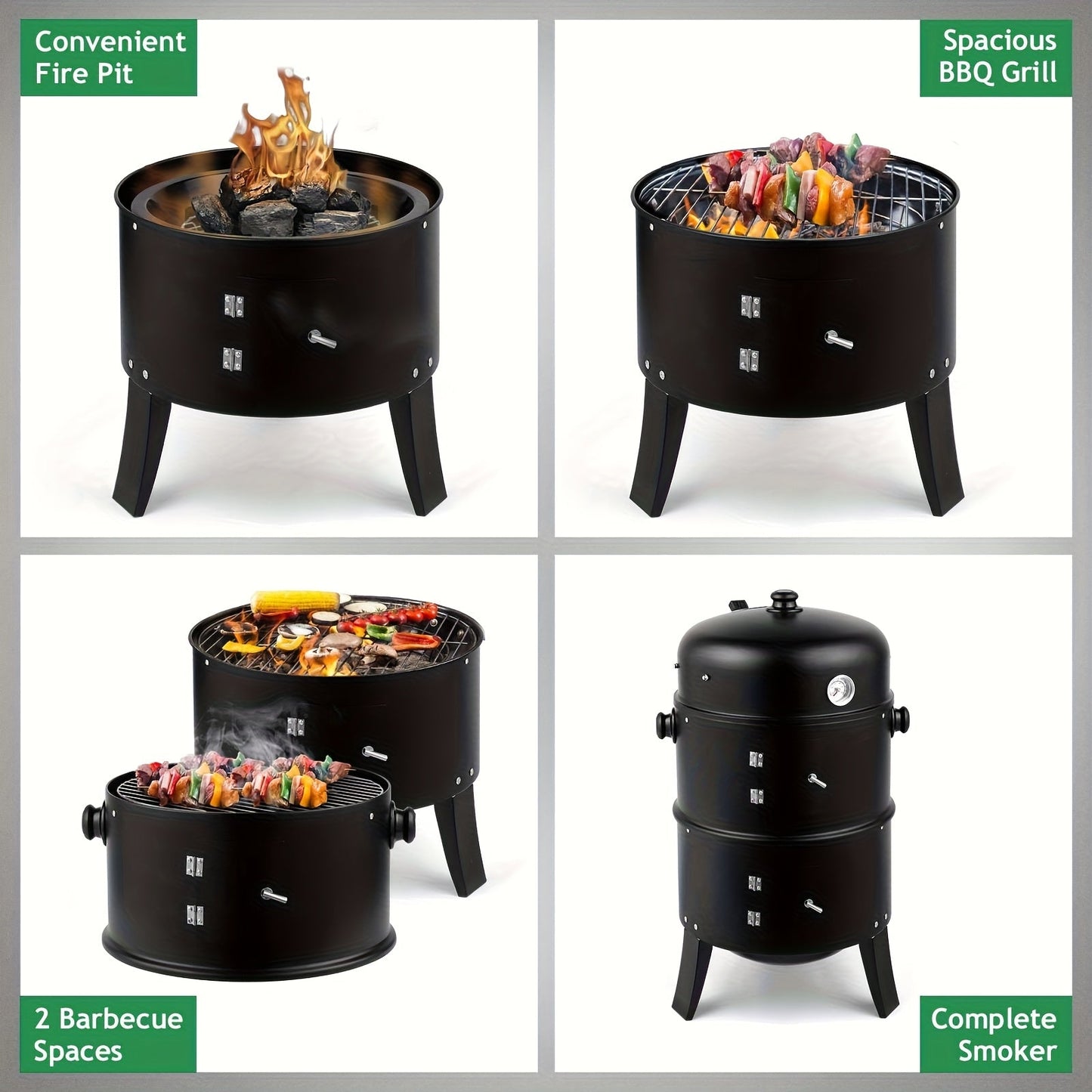 3-in-1 Portable Charcoal Smoker Grill | BBQ Grill + Smoker + Fire Pit | Built-In Thermometer
