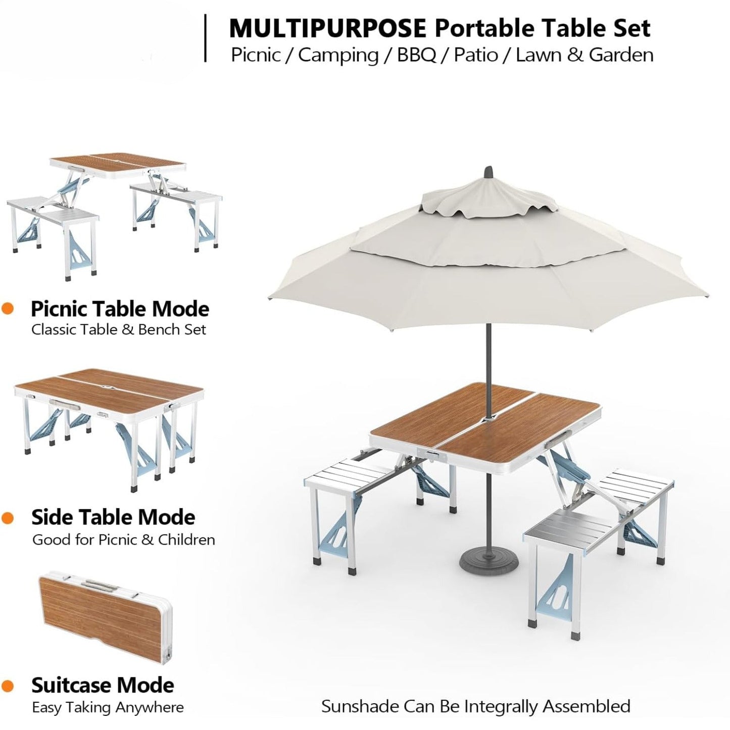 4FT Folding Camping Table with 4 Seats | Portable Aluminum Picnic Table Set | 220 lb Capacity