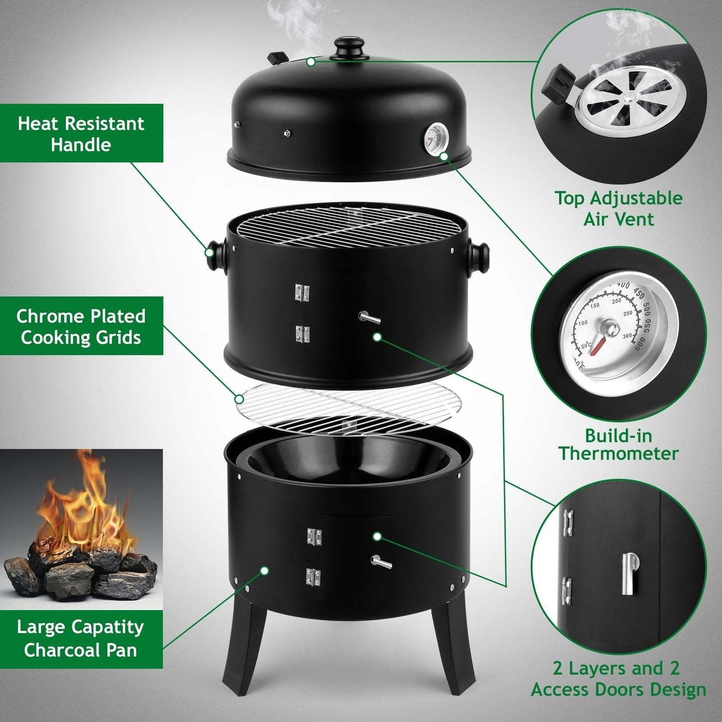 3-in-1 Portable Charcoal Smoker Grill | BBQ Grill + Smoker + Fire Pit | Built-In Thermometer