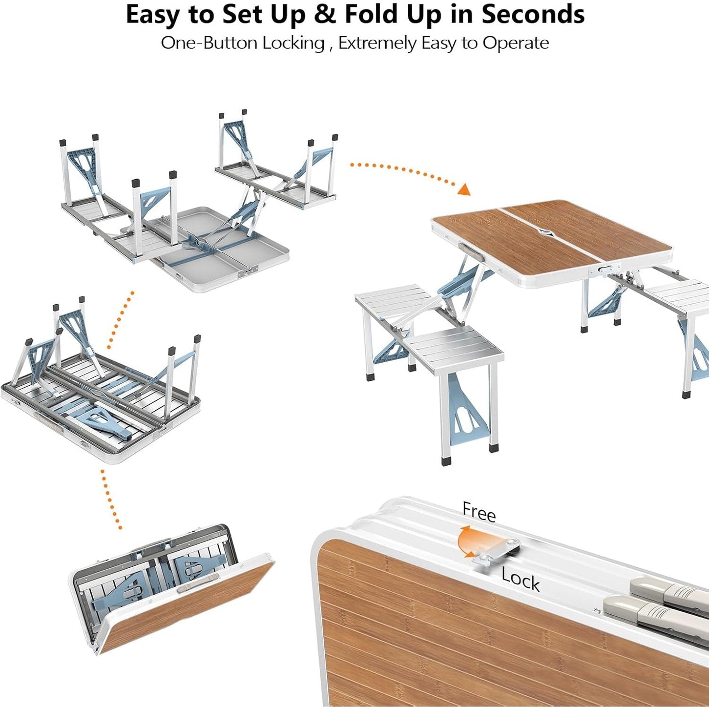 4FT Folding Camping Table with 4 Seats | Portable Aluminum Picnic Table Set | 220 lb Capacity