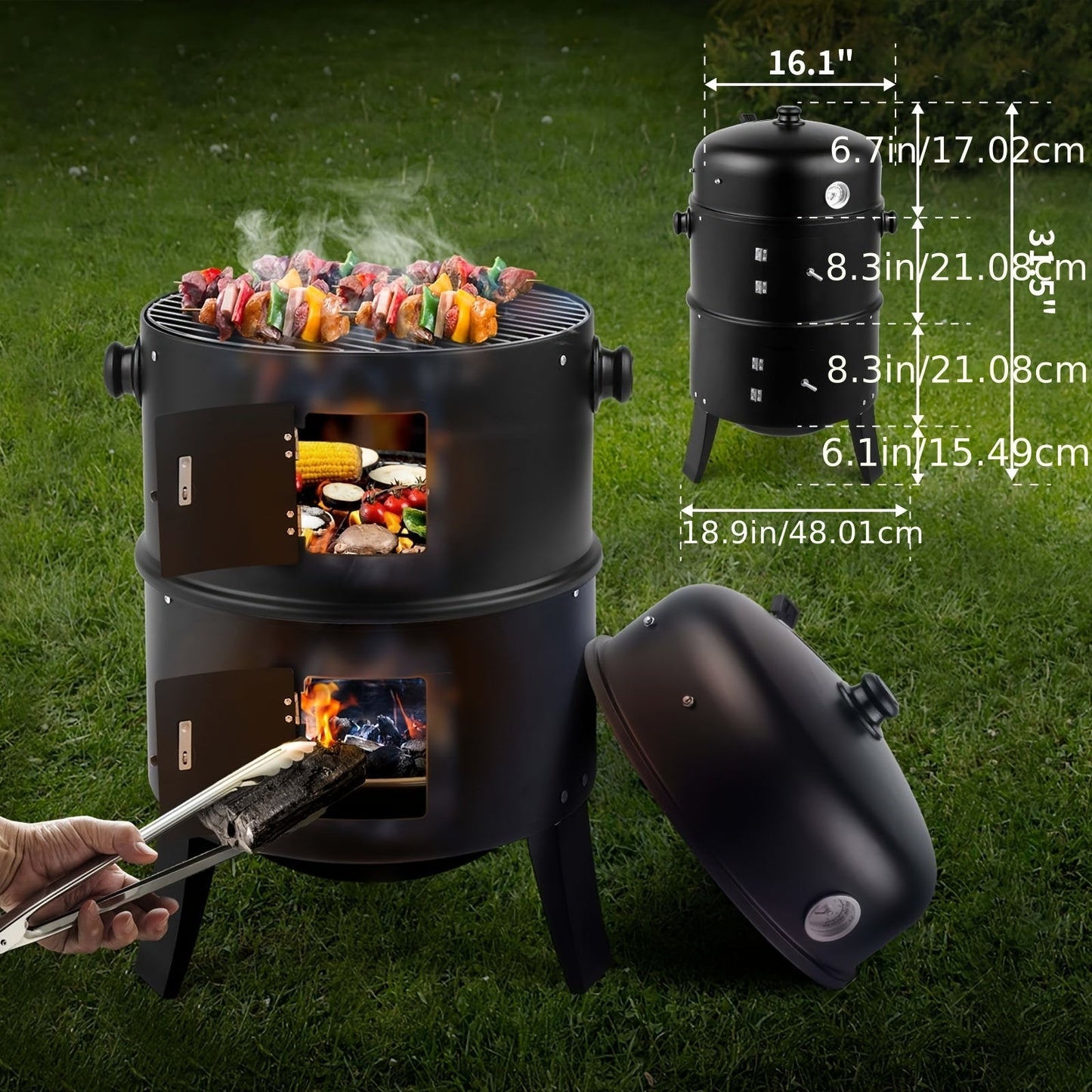 3-in-1 Portable Charcoal Smoker Grill | BBQ Grill + Smoker + Fire Pit | Built-In Thermometer