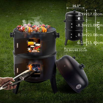 3-in-1 Portable Charcoal Smoker Grill | BBQ Grill + Smoker + Fire Pit | Built-In Thermometer