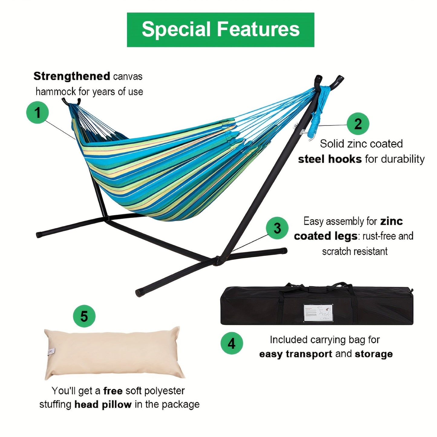 Heavy Duty Double Hammock with Steel Stand | 450 lb Capacity | Portable Indoor & Outdoor