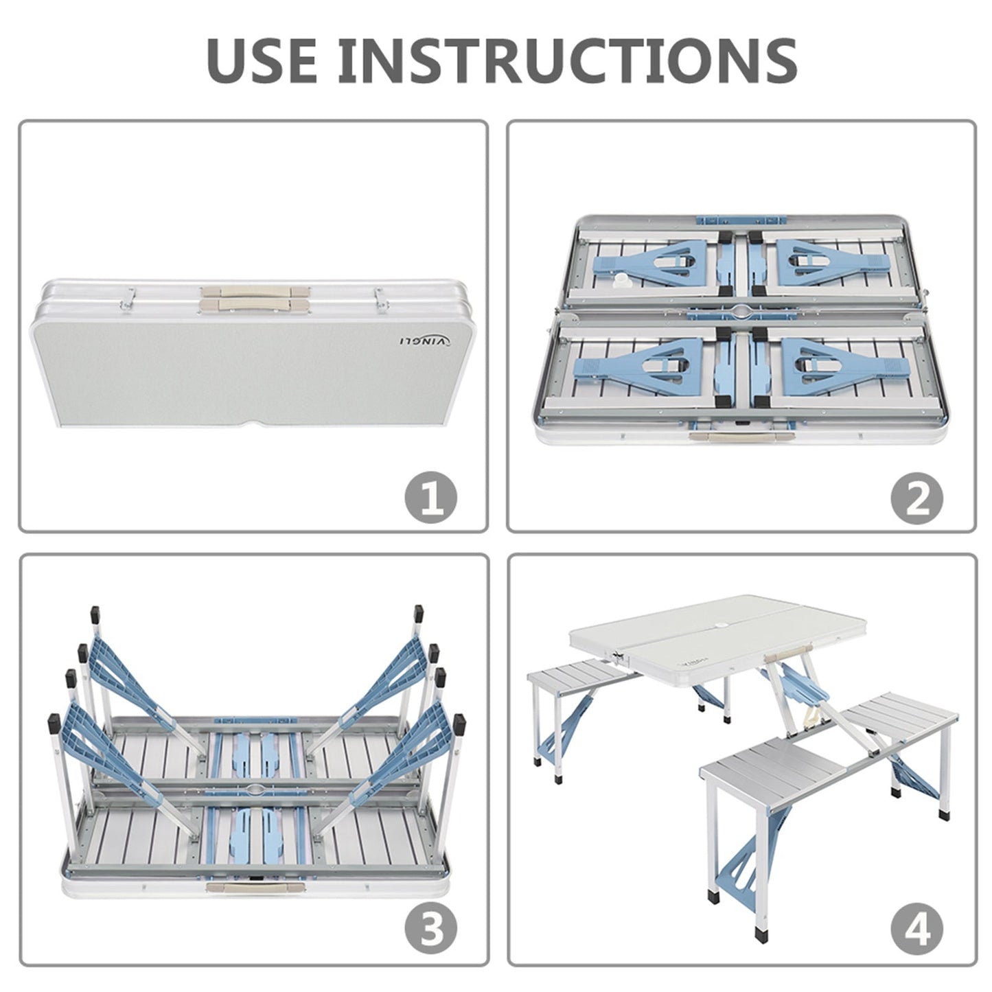 4FT Folding Camping Table with 4 Seats | Portable Aluminum Picnic Table Set | 220 lb Capacity