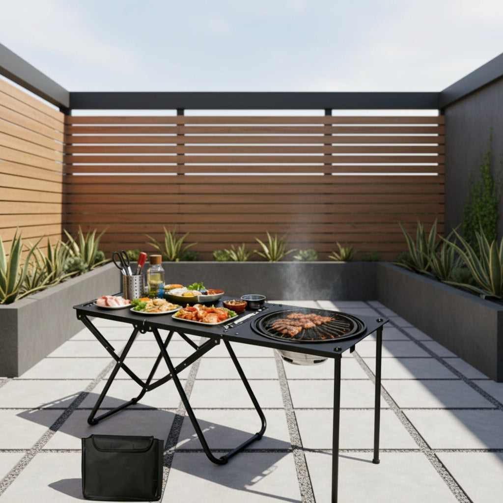 Portable Folding Outdoor Camping Kitchen Table with Grill Tray