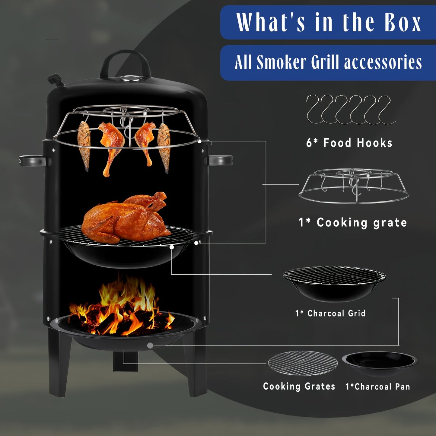 3-in-1 Portable Charcoal Smoker Grill | BBQ Grill + Smoker + Fire Pit | Built-In Thermometer
