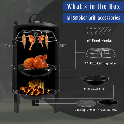 3-in-1 Portable Charcoal Smoker Grill | BBQ Grill + Smoker + Fire Pit | Built-In Thermometer