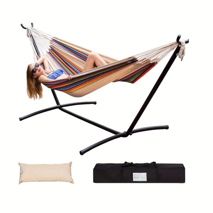 Heavy Duty Double Hammock with Steel Stand | 450 lb Capacity | Portable Indoor & Outdoor