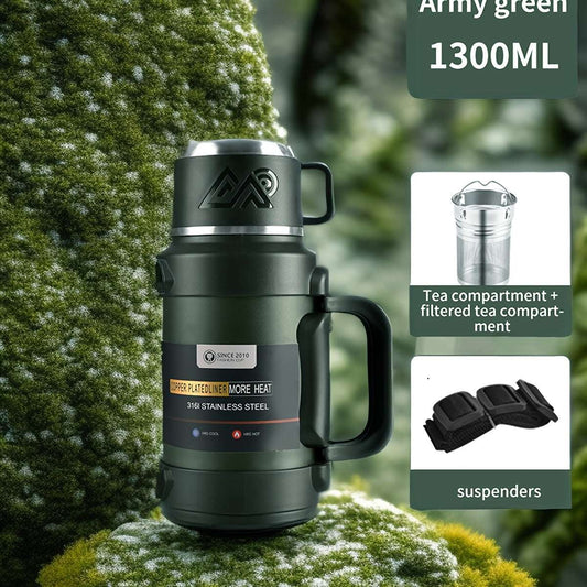 Army green insulated water bottle with handle, 1300 ml capacity, stainless steel lid