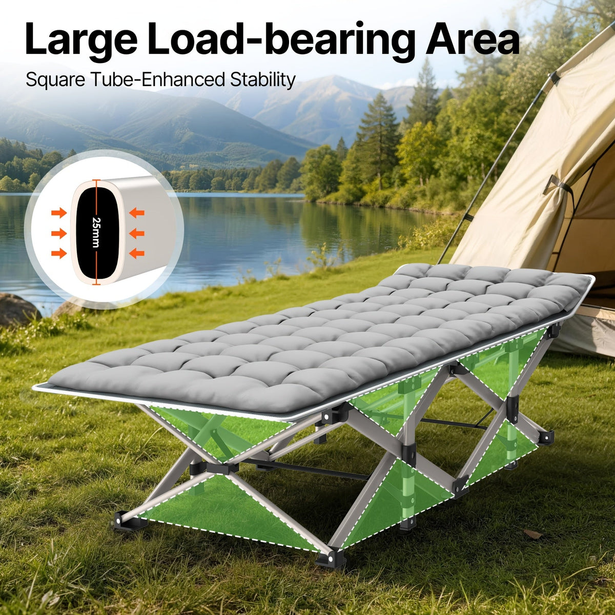 Folding Camping Cot Bed for Adults with Soft Pad & Carry Bag