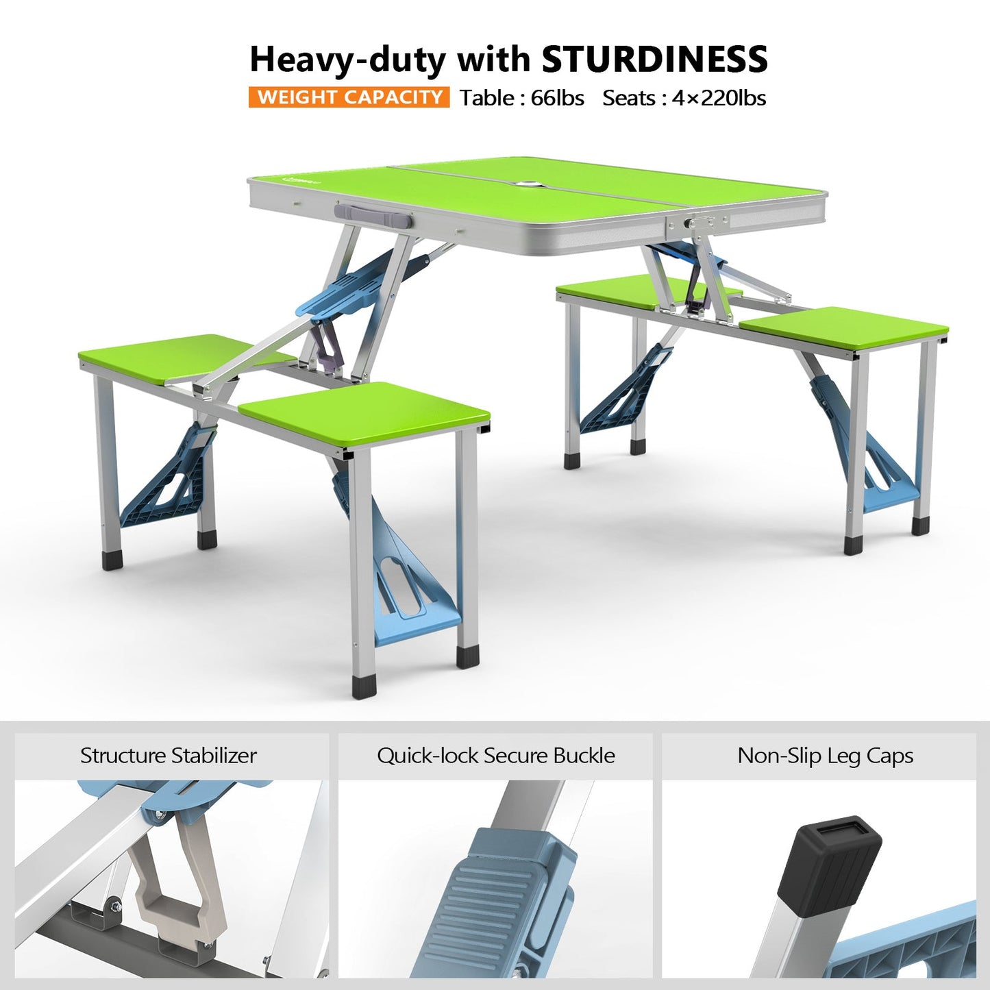 4FT Folding Camping Table with 4 Seats | Portable Aluminum Picnic Table Set | 220 lb Capacity