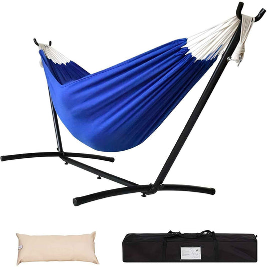Blue double hammock with steel stand and hanging end straps on black frame.