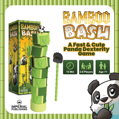 Bamboo Bash panda dexterity game box with green bamboo tower pieces and panda paw mallet