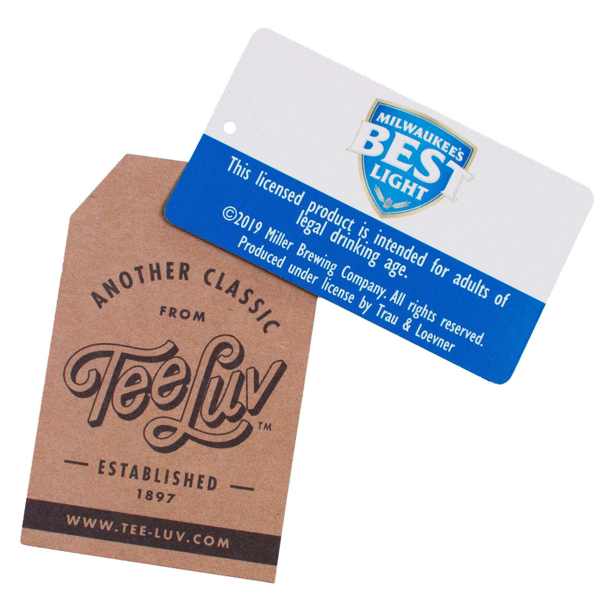 Light blue T-shirt with TeeLuv hang tags showing Milwaukee's Best Light legal text