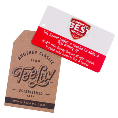 Tee Luv hang tags with Milwaukee’s Best Lager badge