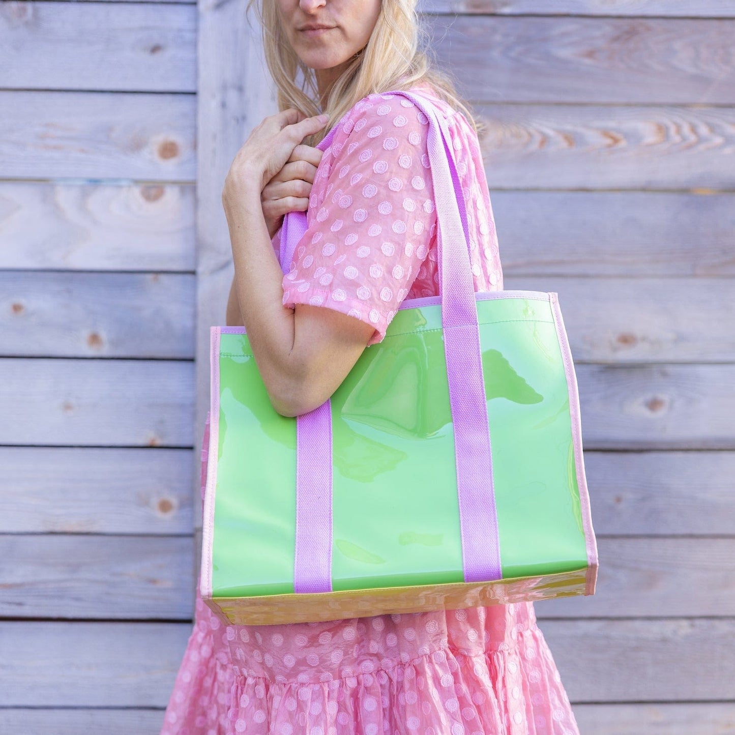 Colorblock Vinyl Tote Bag | Teal Vinyl + Canvas Straps | Wipe-Clean | 16” × 13” | Packed Party