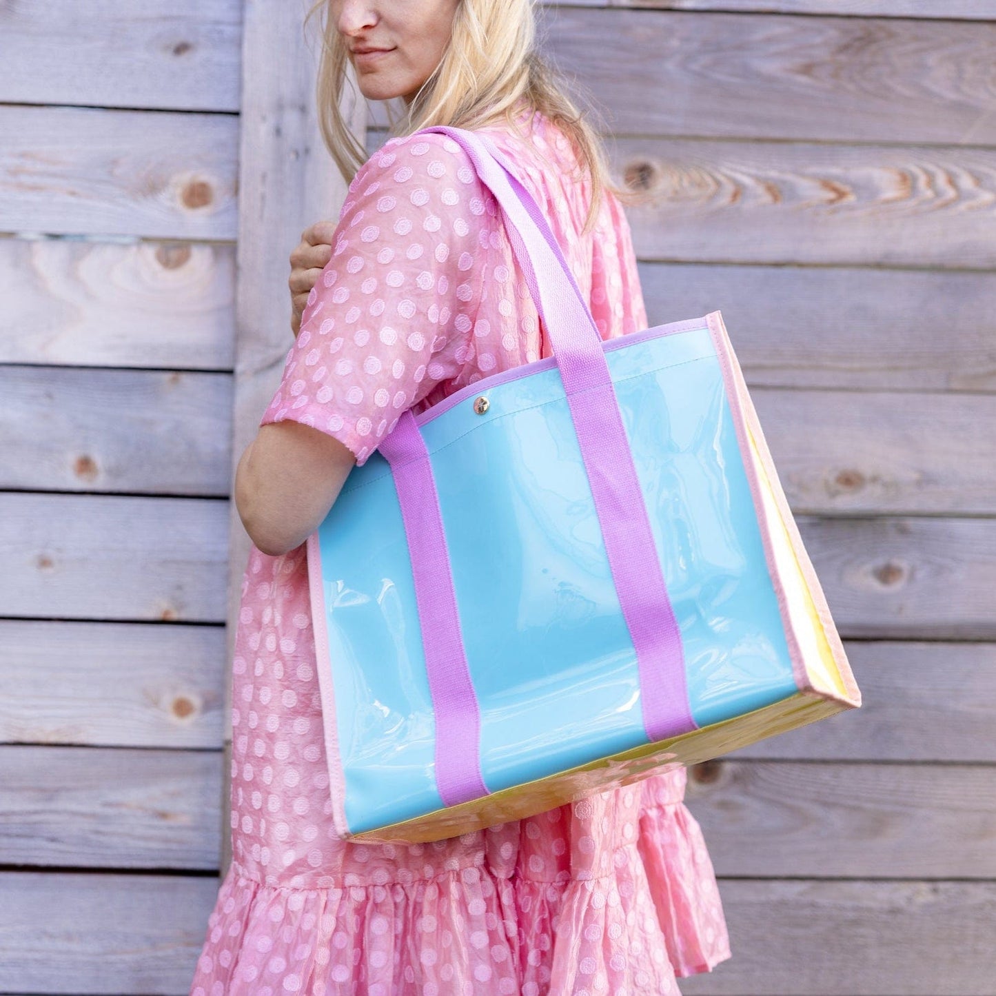 Colorblock Vinyl Tote Bag | Teal Vinyl + Canvas Straps | Wipe-Clean | 16” × 13” | Packed Party