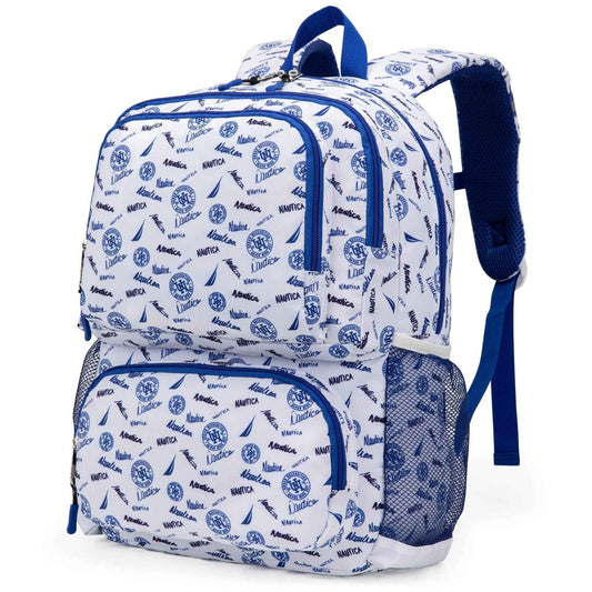 Kids varsity backpack by Nautica, white/blue logo pattern, front pocket, padded straps