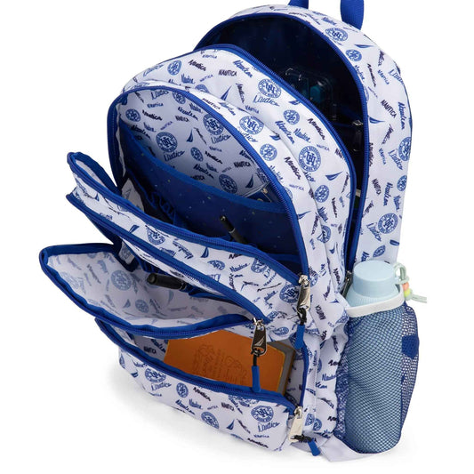 Kids Nautica backpack, white/blue logo print, side zip pocket and mesh bottle pocket