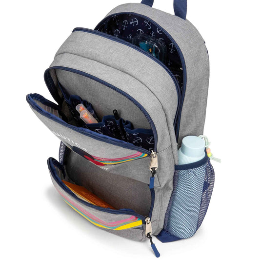 Kids gray and navy backpack with open compartments, rainbow accents, mesh side pocket