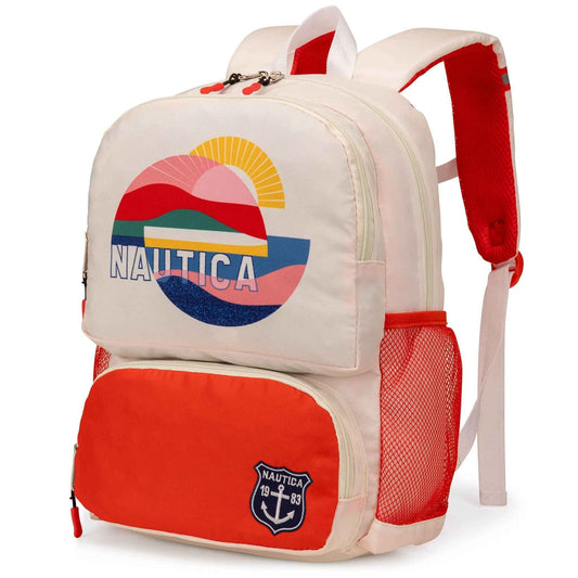 Kids backpack with cream and red panels, Nautica graphic front, top handle and zipper