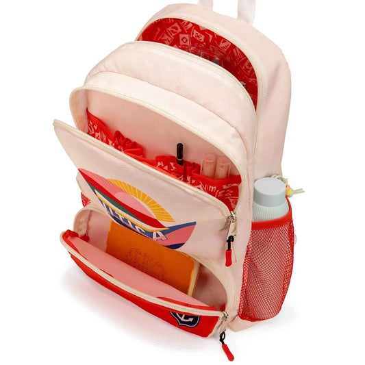 Kids backpack open to show red-lined main compartment, inner pockets, and zipper pulls