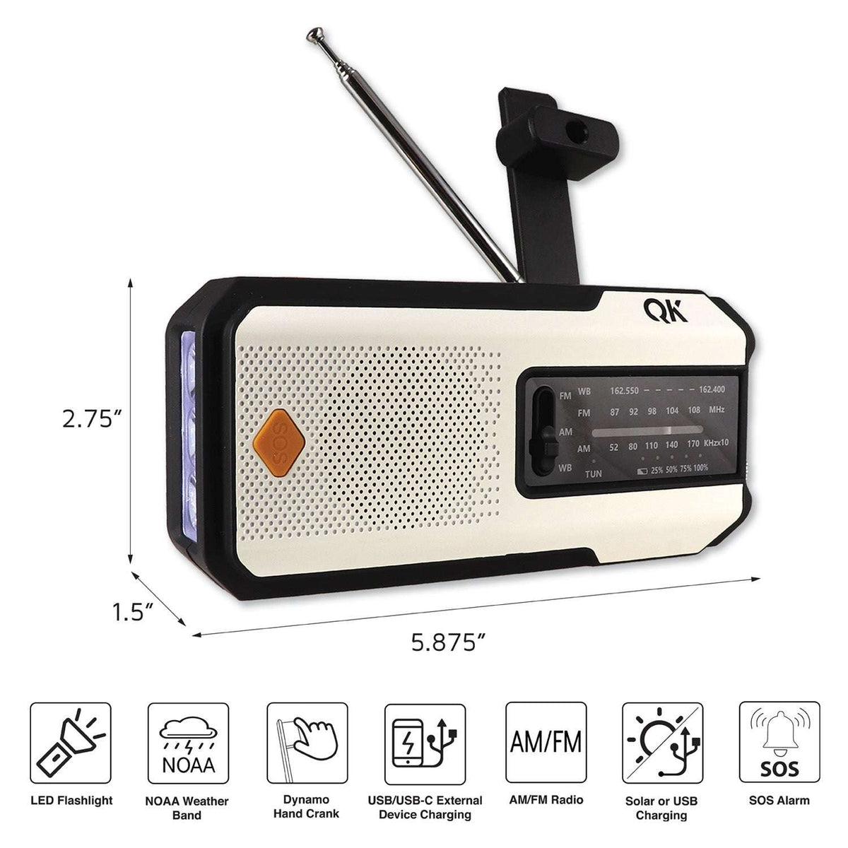 QK 4-in-1 NOAA Weather Radio & Flashlight - Solar & Dynamo White