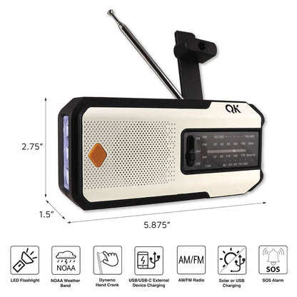 QK 4-in-1 NOAA Weather Radio & Flashlight - Solar & Dynamo White