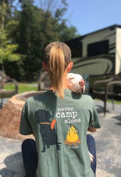 Dog is Good — Never Camp Alone® T-Shirt | Military Green | Front & Back Graphic | 50/50 Cotton-Poly | S–3XL
