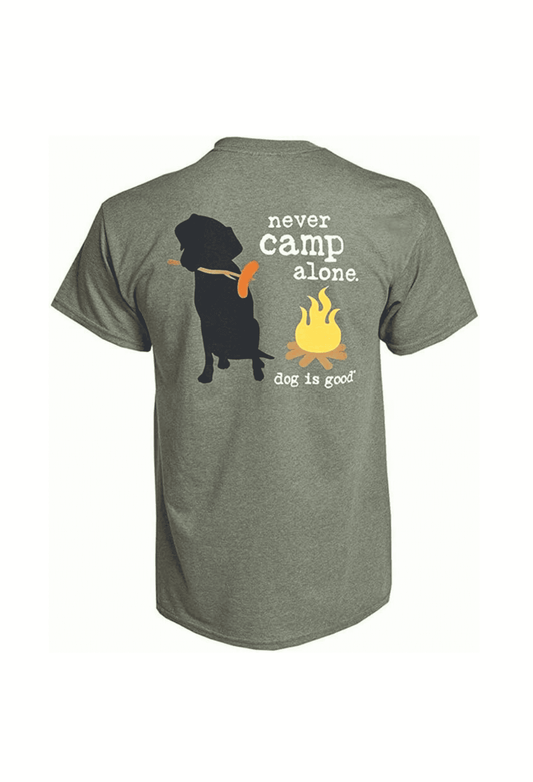 Military green T-shirt with back graphic: dog silhouette and text ‘never camp alone’