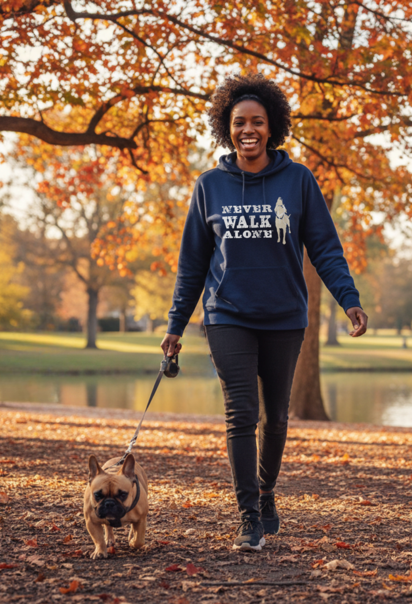 Dog is Good — Never Walk Alone Hoodie | Navy | Front & Back Graphic | 70/30 Cotton-Poly | S–2XL