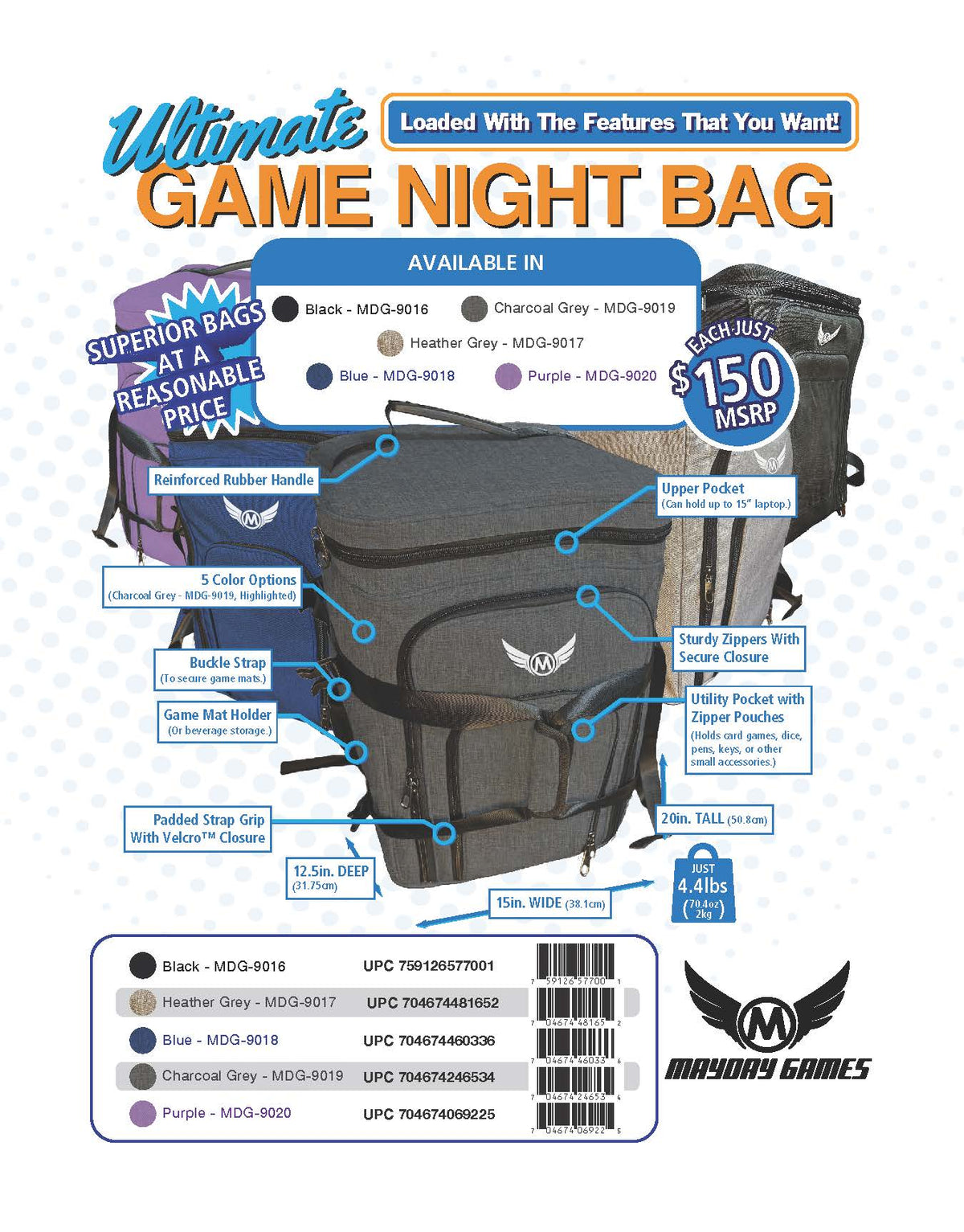 Ultimate game night bag infographic showing charcoal padded carrying case with pockets