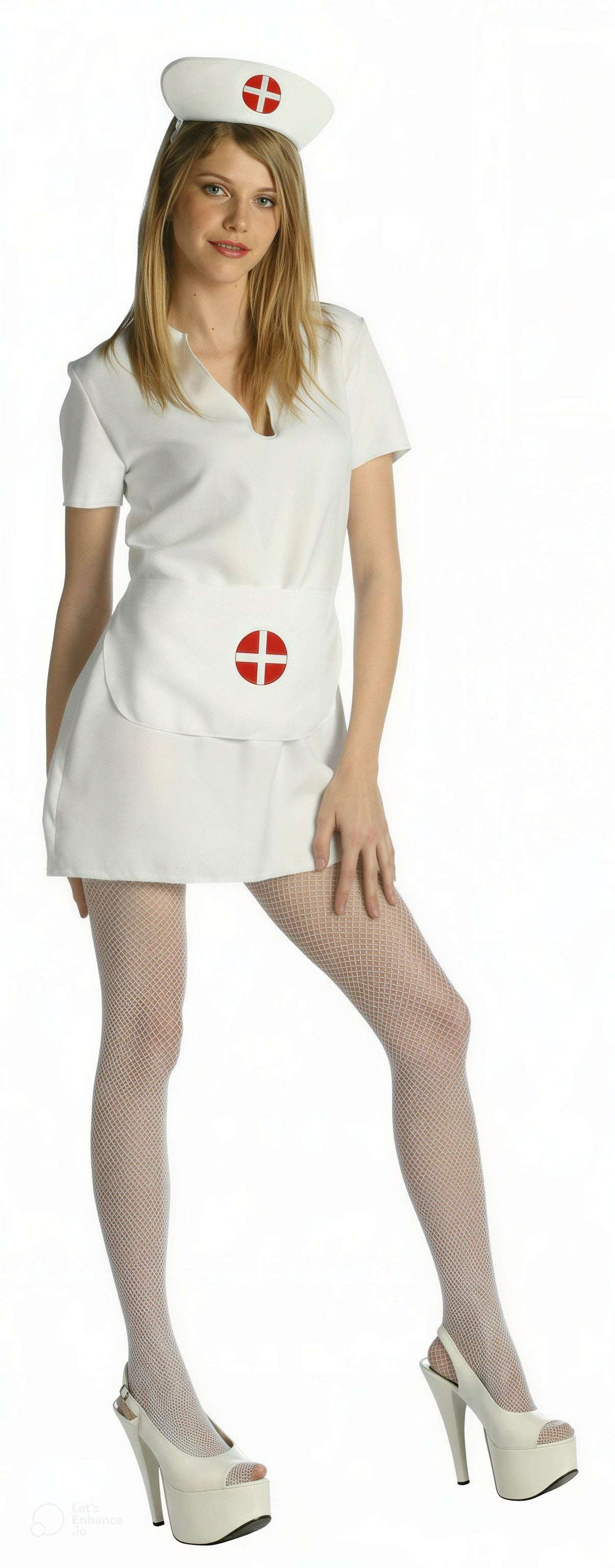 White nurse dress with cap and apron, red cross emblem, adult one-size costume