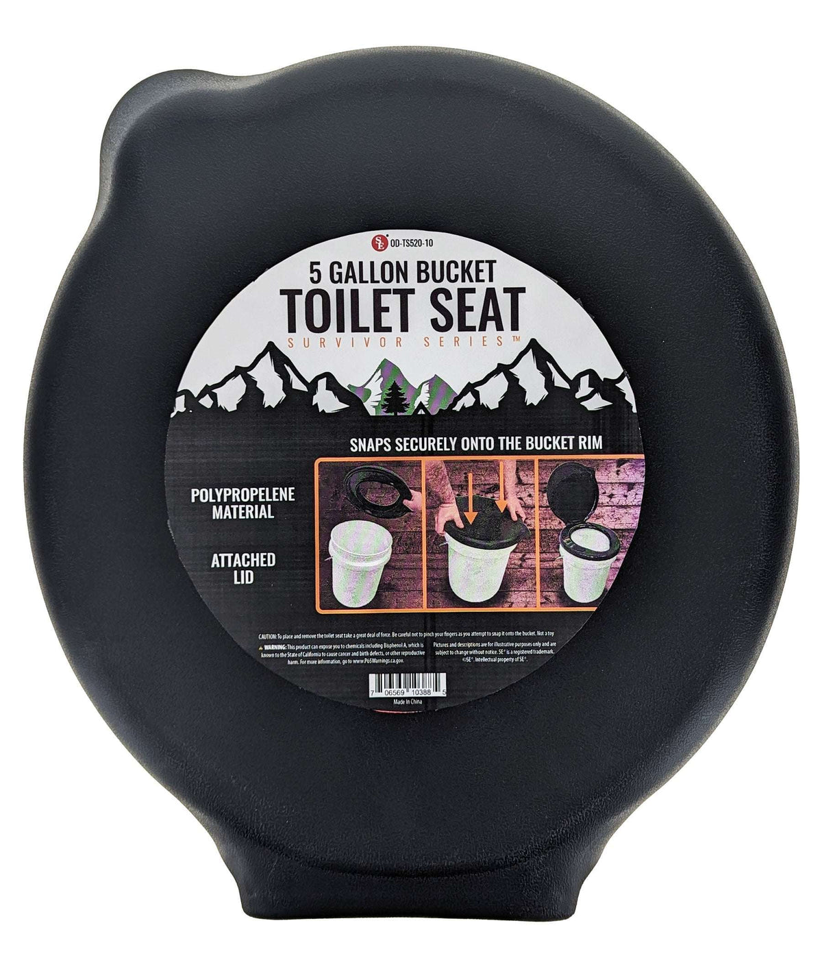 Black 5-gallon portable toilet seat bucket lid with attached cover