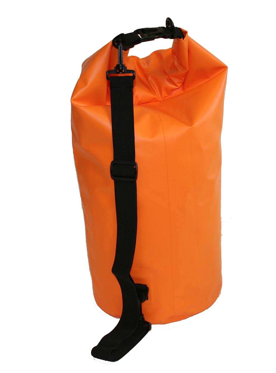High-visibility orange waterproof dry bag, roll-top opening with black shoulder carry strap