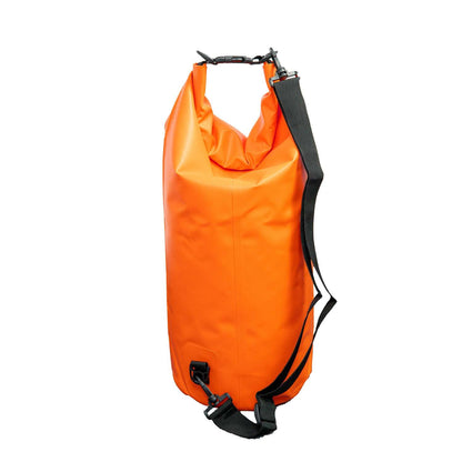 Orange waterproof dry bag with roll-top, black shoulder strap and hanging handle