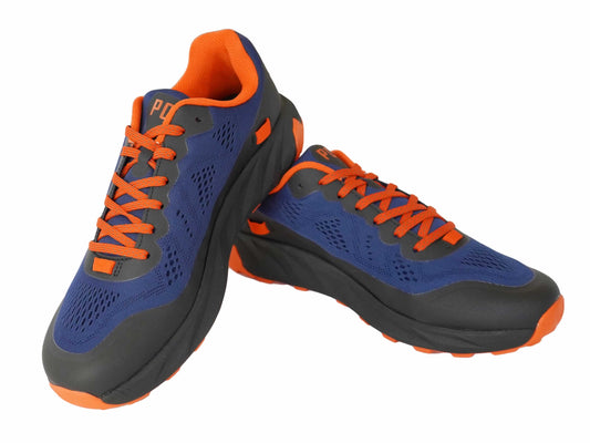 Blue trail running shoe with orange laces and black outsole, padded tongue and collar