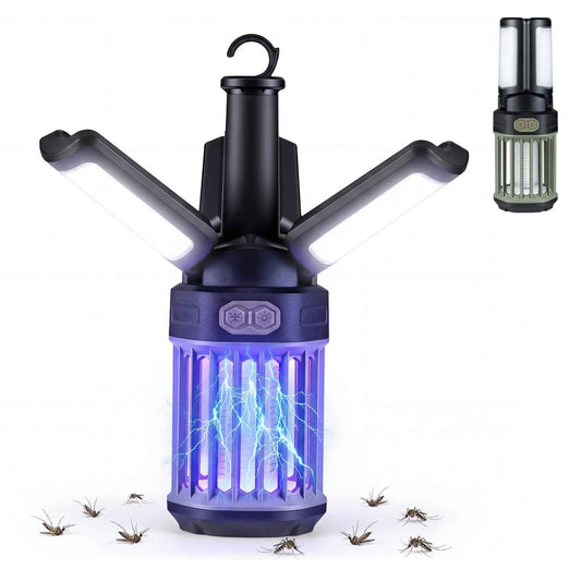 Black foldable bug zapper lantern with purple blue UV glow and protective grid cage
