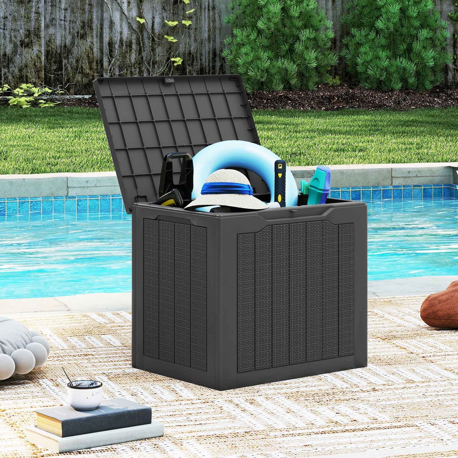 25 Gallon Outdoor Deck Box with Lockable Lid & Wicker Texture