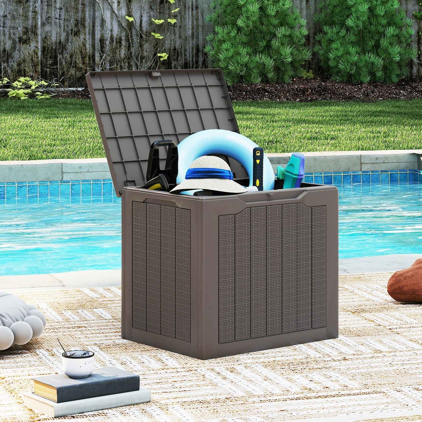 25 Gallon Outdoor Deck Box with Lockable Lid & Wicker Texture