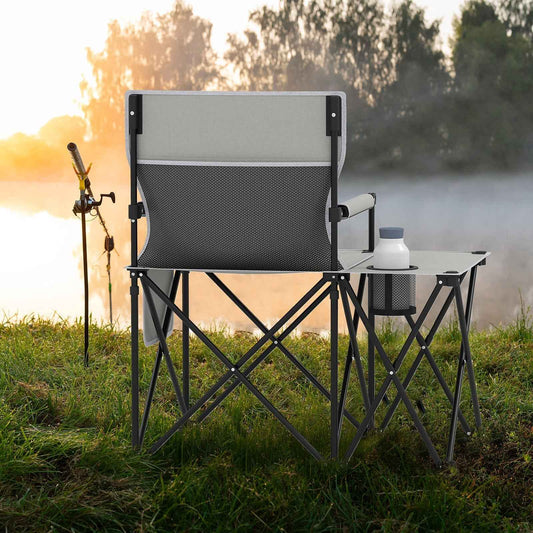 Gray oversized camping chair with side table and side storage pocket
