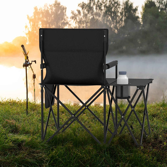 Black oversized camping chair with side table and side storage pocket