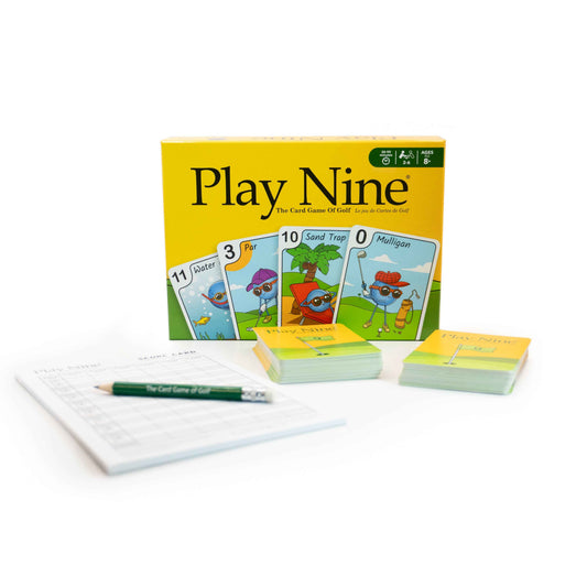 Play Nine golf card game set with box, deck, and illustrated cards on table