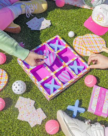 Tic-Tac-Totally Fun Tabletop Game Set | 3D Board | Plaid Design | Heart Pieces | Packed Party - Niksstuff