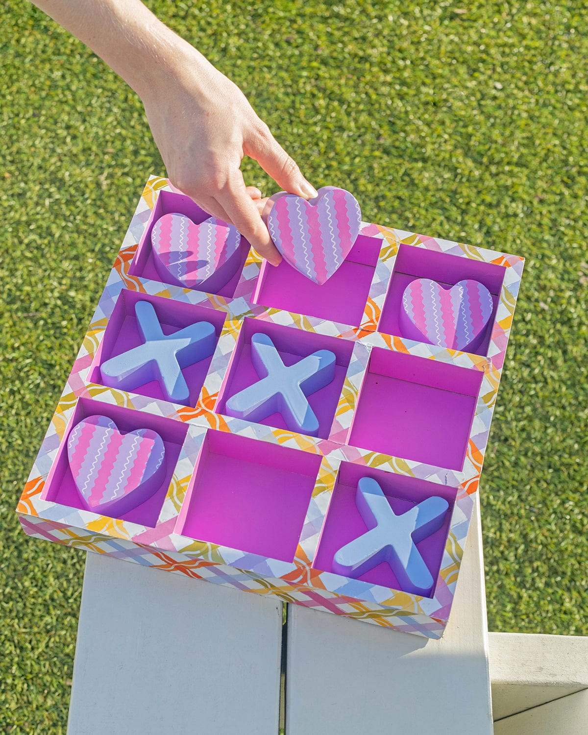 Tic-Tac-Totally Fun Tabletop Game Set | 3D Board | Plaid Design | Heart Pieces | Packed Party - Niksstuff