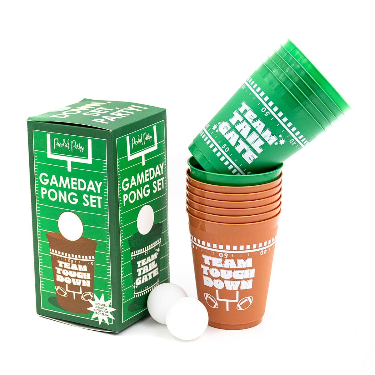 Gameday Party Pong Set | 12 Reusable 16oz Cups + 2 Balls | Team Tailgate vs Team Touchdown | Packed Party - Niksstuff