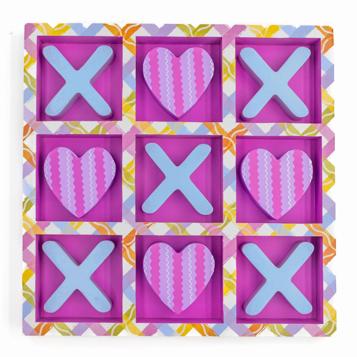 Tic-Tac-Totally Fun Tabletop Game Set | 3D Board | Plaid Design | Heart Pieces | Packed Party - Niksstuff