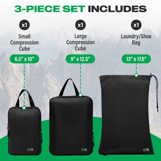 Black compression packing cubes set with drawstring laundry/shoe bag